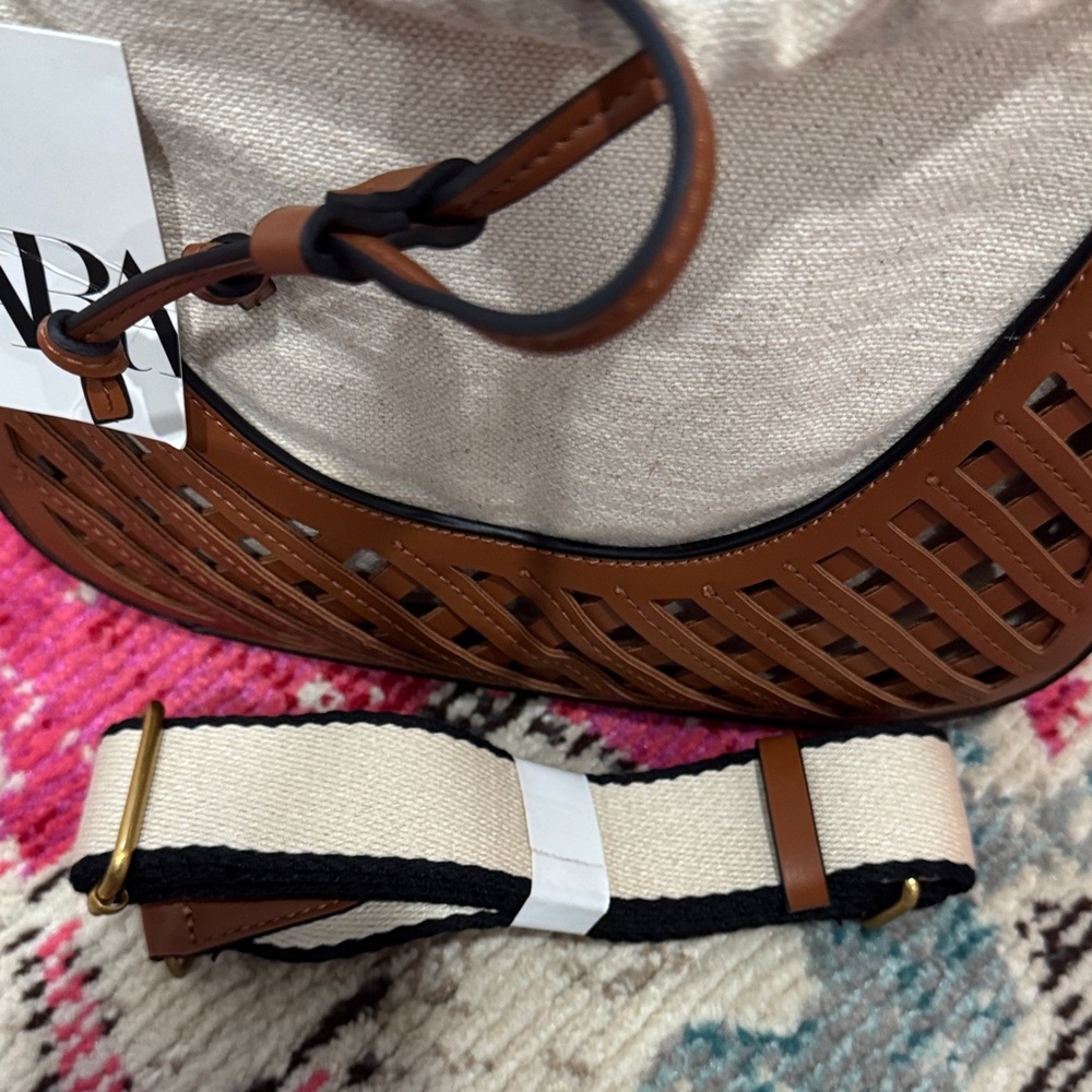 Zara Brown and Cream Shoulder Bucket Bag - Picture 6 of 12